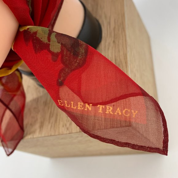Ellen Tracy red floral sheer silk scarf approximately 21" x 22" - Picture 3 of 9